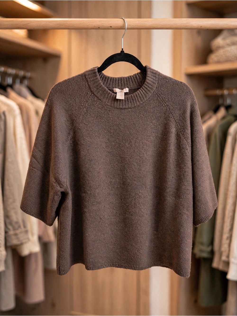 Oversized brown Knit Sweater 3/4 Sleeves Crew Neck Soft Cozy